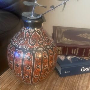 Hand-Painted signed Nicaraguan Orange and Black Decorative Ceramic Vase